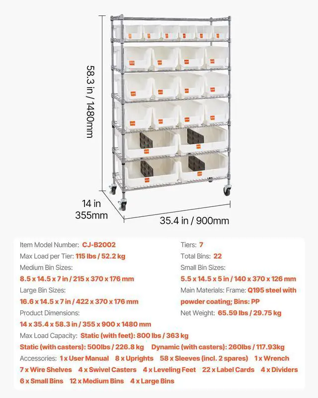 Alt view image 3 of 6 - 7-Tier Rolling Bin Storage Rack, 22 Organizer Bins, Bin Rack Storage Steel Wire Shelving System with Wheels, Mobile Tool Organizer for Garage, Warehouse, Office, Restaurant, Classroom, Kitchen