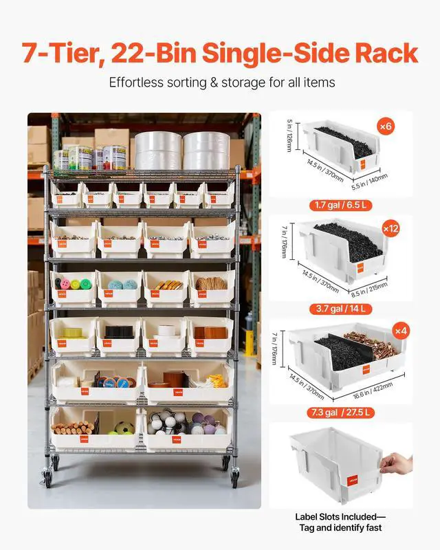 Alt view image 4 of 6 - 7-Tier Rolling Bin Storage Rack, 22 Organizer Bins, Bin Rack Storage Steel Wire Shelving System with Wheels, Mobile Tool Organizer for Garage, Warehouse, Office, Restaurant, Classroom, Kitchen