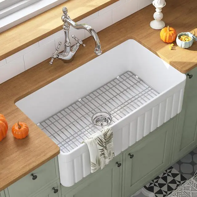 Main image of White Farmhouse Sink 33 inch, Fireclay Apron Front Farm Kitchen Sink, Single Bowl Deep Drop-in Undermount Reversible Sinks with Grid & Strainer