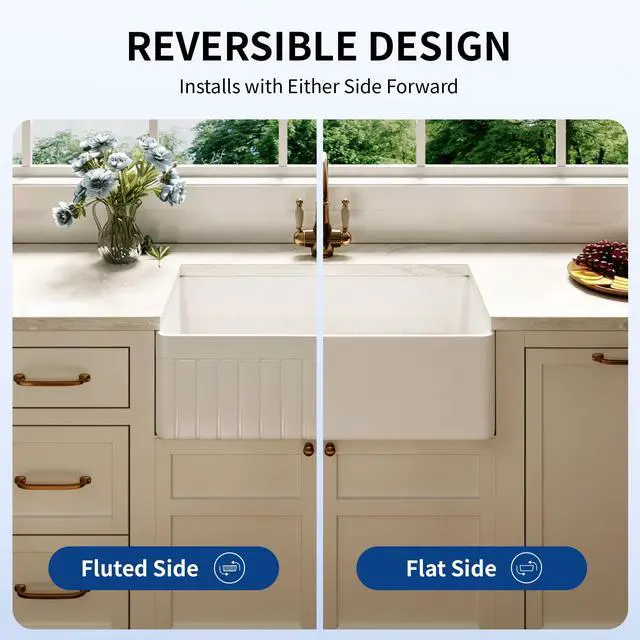 Alt view image 2 of 6 - White Farmhouse Sink 33 inch, Fireclay Apron Front Farm Kitchen Sink, Single Bowl Deep Drop-in Undermount Reversible Sinks with Grid & Strainer