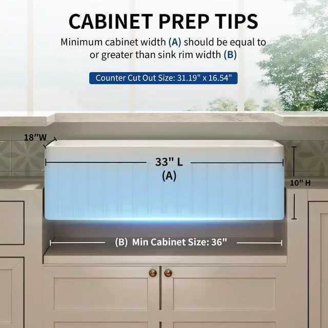 Alt view image 5 of 6 - White Farmhouse Sink 33 inch, Fireclay Apron Front Farm Kitchen Sink, Single Bowl Deep Drop-in Undermount Reversible Sinks with Grid & Strainer