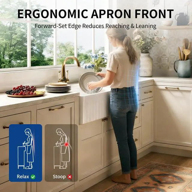 Alt view image 6 of 6 - White Farmhouse Sink 33 inch, Fireclay Apron Front Farm Kitchen Sink, Single Bowl Deep Drop-in Undermount Reversible Sinks with Grid & Strainer