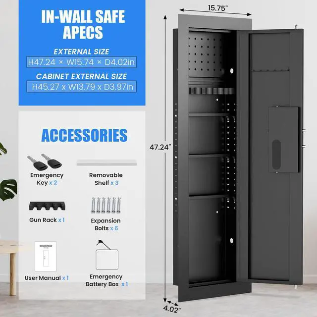 Alt view image 2 of 6 - 47"Tall Wall Safe Between the Studs,Hidden Wall Safe with Digital Lock - Fireproof & Waterproof, Dual Alarm System, Silent Mode,3 Adjustable Shelves,Magnetic Slot -Modern Steel Construction Black