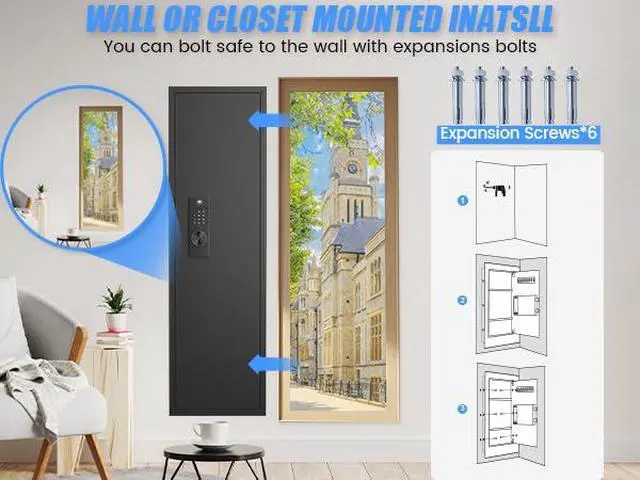 Alt view image 3 of 6 - 47"Tall Wall Safe Between the Studs,Hidden Wall Safe with Digital Lock - Fireproof & Waterproof, Dual Alarm System, Silent Mode,3 Adjustable Shelves,Magnetic Slot -Modern Steel Construction Black