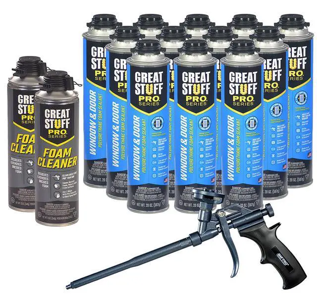 Main image of Window & Door 20 oz Complete Kit 12-Pack Foam Sealant with AWF PRO 8 in PTFE Coated Professional Spray Foam Gun & 2 Cans of Cleaner