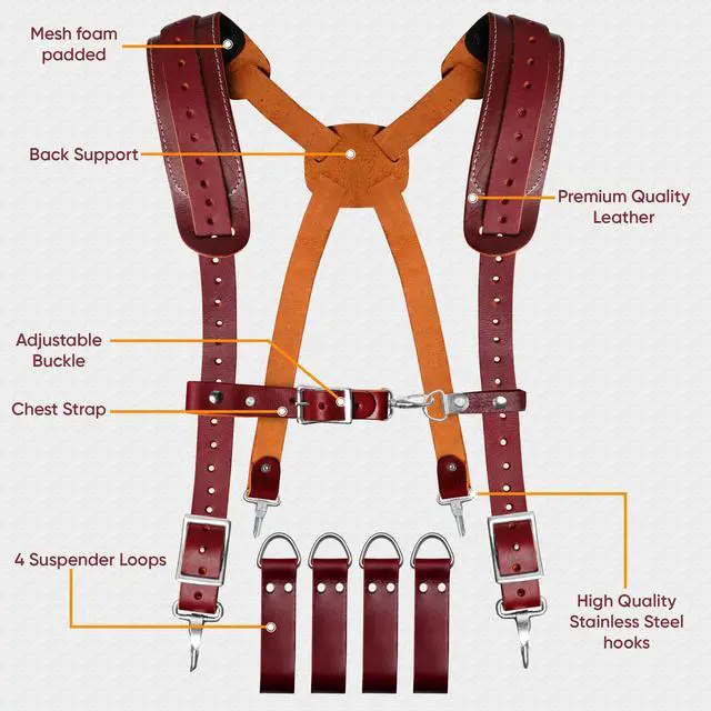 Alt view image 4 of 6 - Tool Belt for Men made with Heavy Duty 1680-D Double Layer Nylon & Grain Leather comes with Suspender, Adjustable Padded Belt, 19 Pockets pouches, and a Hammer Holder | Framers, Construction
