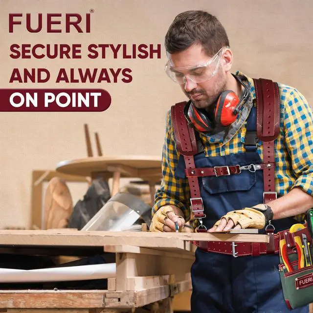 Alt view image 5 of 6 - Tool Belt for Men made with Heavy Duty 1680-D Double Layer Nylon & Grain Leather comes with Suspender, Adjustable Padded Belt, 19 Pockets pouches, and a Hammer Holder | Framers, Construction