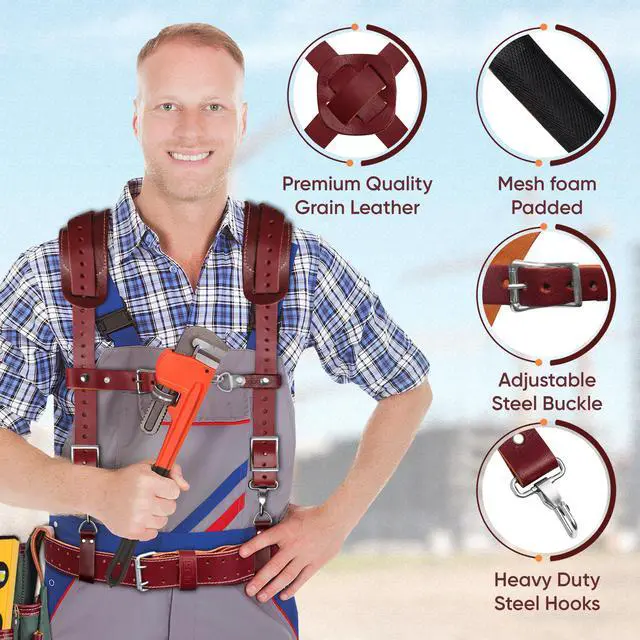Alt view image 6 of 6 - Tool Belt for Men made with Heavy Duty 1680-D Double Layer Nylon & Grain Leather comes with Suspender, Adjustable Padded Belt, 19 Pockets pouches, and a Hammer Holder | Framers, Construction
