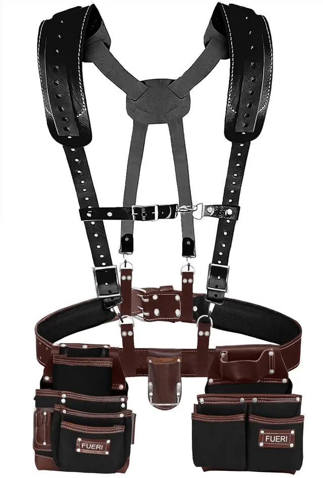 Main image of Tool Belt for Men made with Heavy Duty 1680-D Double Layer Nylon & Grain Leather comes with Suspender, Adjustable Padded Belt, 19 Pockets pouches, and a Hammer Holder | Framers, Construction