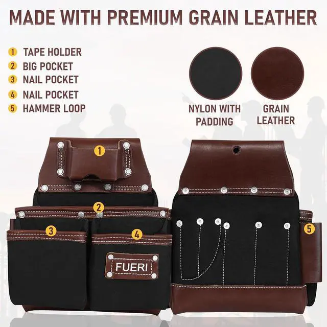 Alt view image 2 of 6 - Tool Belt for Men made with Heavy Duty 1680-D Double Layer Nylon & Grain Leather comes with Suspender, Adjustable Padded Belt, 19 Pockets pouches, and a Hammer Holder | Framers, Construction