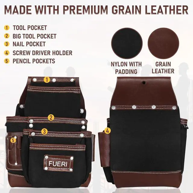 Alt view image 3 of 6 - Tool Belt for Men made with Heavy Duty 1680-D Double Layer Nylon & Grain Leather comes with Suspender, Adjustable Padded Belt, 19 Pockets pouches, and a Hammer Holder | Framers, Construction