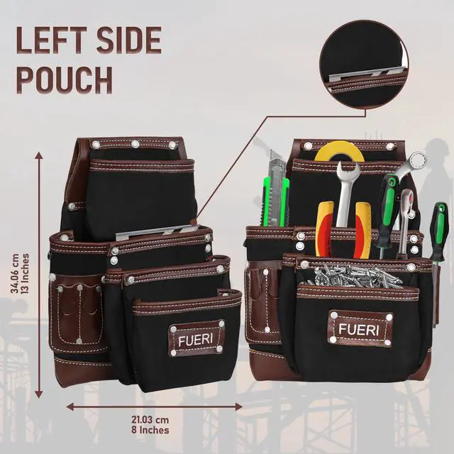 Alt view image 4 of 6 - Tool Belt for Men made with Heavy Duty 1680-D Double Layer Nylon & Grain Leather comes with Suspender, Adjustable Padded Belt, 19 Pockets pouches, and a Hammer Holder | Framers, Construction