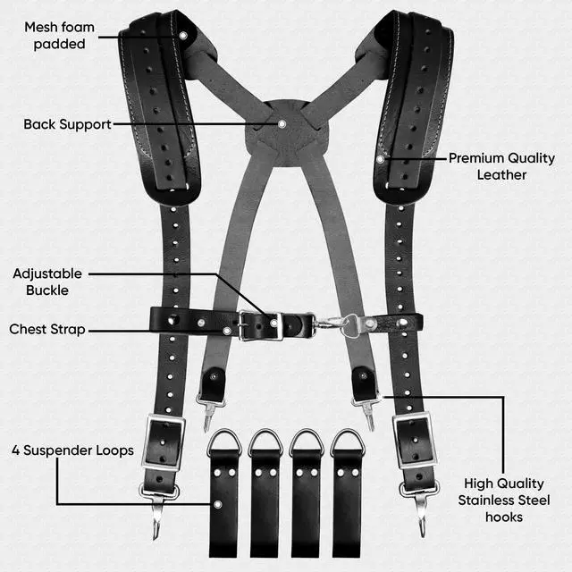 Alt view image 6 of 6 - Tool Belt for Men made with Heavy Duty 1680-D Double Layer Nylon & Grain Leather comes with Suspender, Adjustable Padded Belt, 19 Pockets pouches, and a Hammer Holder | Framers, Construction