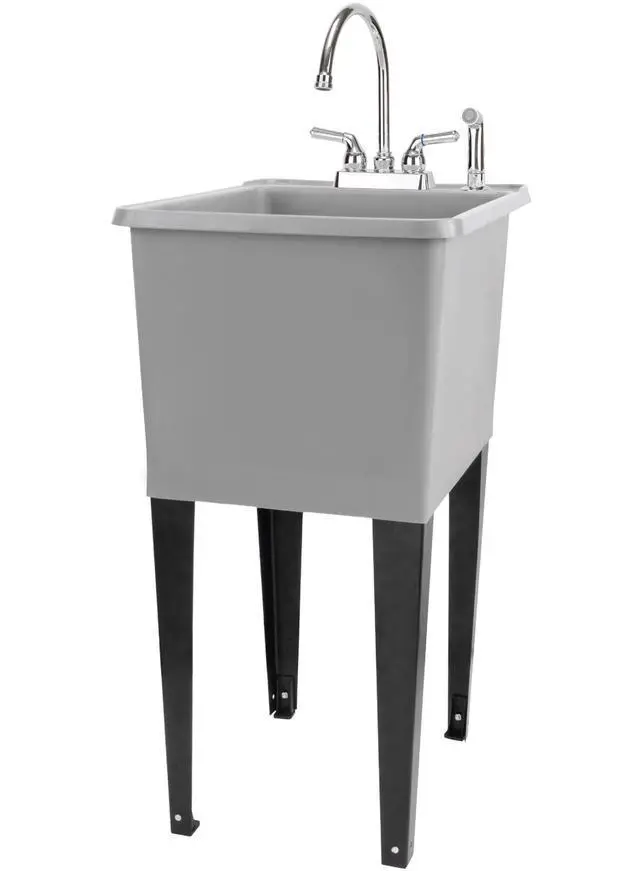 Main image of Grey Space Saver Utility Sink by, Freestanding Tehila Space Saving Laundry Tub, Chrome Gooseneck Faucet with Side Sprayer