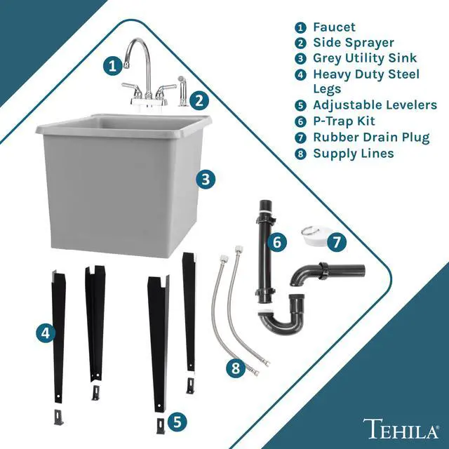 Alt view image 6 of 6 - Grey Space Saver Utility Sink by, Freestanding Tehila Space Saving Laundry Tub, Chrome Gooseneck Faucet with Side Sprayer