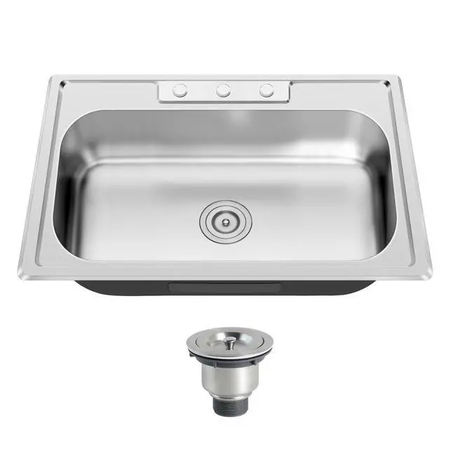 Alt view image 2 of 6 - 33x22 Drop In Single Bowl 33 Inch Topmount Kitchen Sink | 304 Stainless Steel, 18 Gauge Thickness, Three Holes with Cover, U Channel for Fixed, Strainer Included, 33" x 22" x 9"