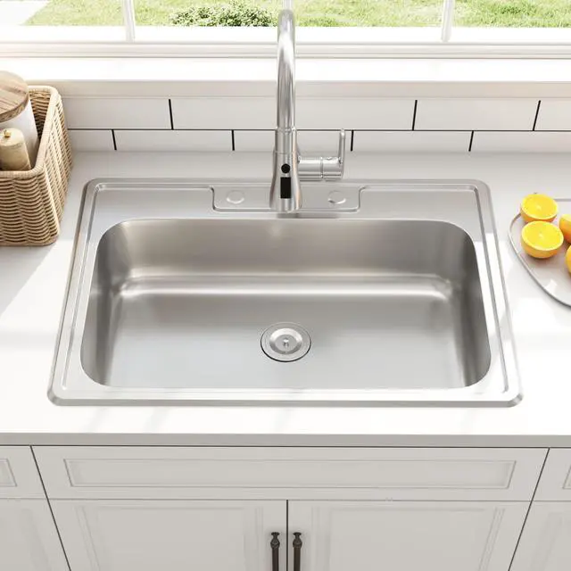 Alt view image 3 of 6 - 33x22 Drop In Single Bowl 33 Inch Topmount Kitchen Sink | 304 Stainless Steel, 18 Gauge Thickness, Three Holes with Cover, U Channel for Fixed, Strainer Included, 33" x 22" x 9"