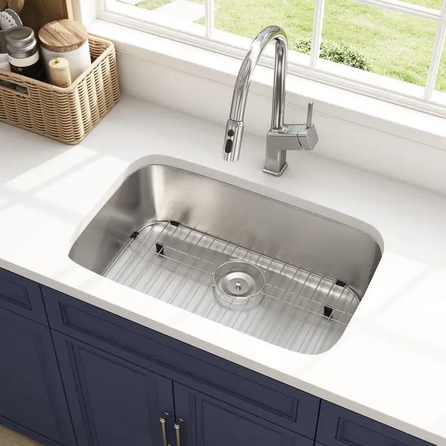 Main image of 30 Inch Undermount Curved Spacious Single Bowl Kitchen Sink | 304 Stainless Steel, 18 Gauge Thickness, Brushed Satin Finish, Strainer & Grid Included, 29-3/4" x 18" x 9"