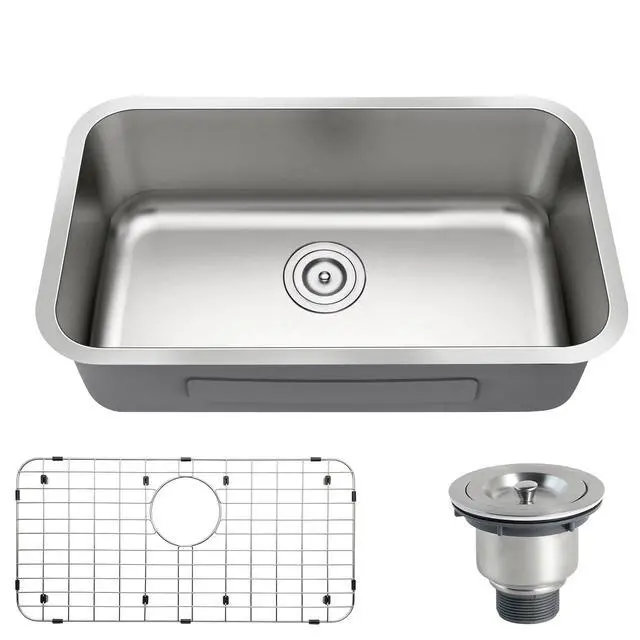 Alt view image 2 of 6 - 30 Inch Undermount Curved Spacious Single Bowl Kitchen Sink | 304 Stainless Steel, 18 Gauge Thickness, Brushed Satin Finish, Strainer & Grid Included, 29-3/4" x 18" x 9"