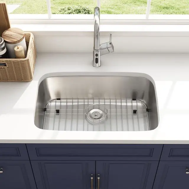 Alt view image 3 of 6 - 30 Inch Undermount Curved Spacious Single Bowl Kitchen Sink | 304 Stainless Steel, 18 Gauge Thickness, Brushed Satin Finish, Strainer & Grid Included, 29-3/4" x 18" x 9"