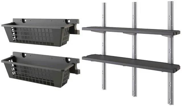 Main image of 2 Pack 25 x 7.25 Basket Accessory for Outdoor Shed Bundled with Vertical Shed 2 Shelf Kit, Space Saving Wall Mount Storage, Black