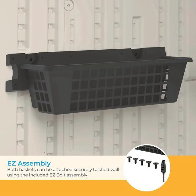 Alt view image 6 of 6 - 2 Pack 25 x 7.25 Basket Accessory for Outdoor Shed Bundled with Vertical Shed 2 Shelf Kit, Space Saving Wall Mount Storage, Black