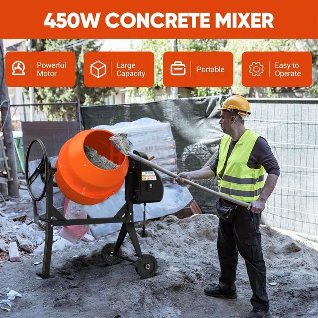 Alt view image 2 of 6 - Electric Cement Mixer, 4.3 Cu.Ft. 450W 3/5HP Portable Concrete Mixer Machine with Wheels & Stand Steel for Stucco, Mortar, Feed Mixing, Ideal for Construction & Farm Use, Orange