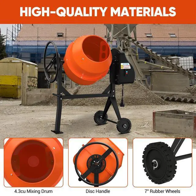 Alt view image 3 of 6 - Electric Cement Mixer, 4.3 Cu.Ft. 450W 3/5HP Portable Concrete Mixer Machine with Wheels & Stand Steel for Stucco, Mortar, Feed Mixing, Ideal for Construction & Farm Use, Orange