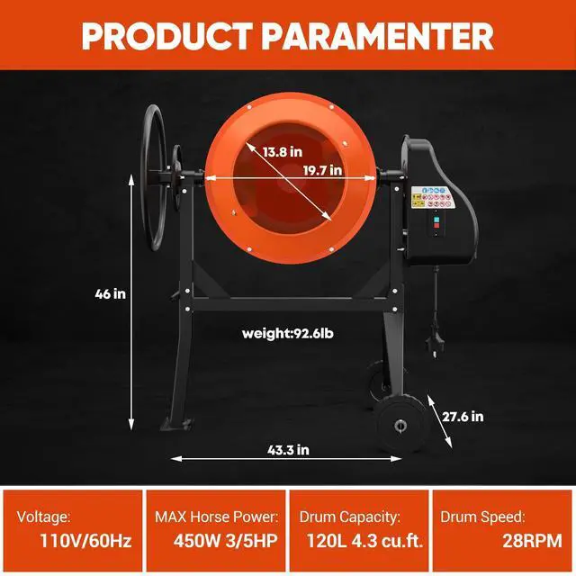Alt view image 6 of 6 - Electric Cement Mixer, 4.3 Cu.Ft. 450W 3/5HP Portable Concrete Mixer Machine with Wheels & Stand Steel for Stucco, Mortar, Feed Mixing, Ideal for Construction & Farm Use, Orange