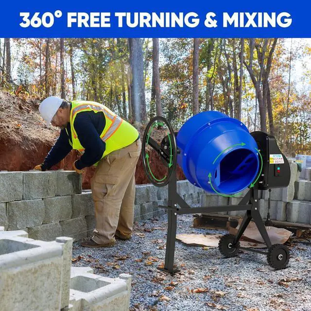 Alt view image 3 of 6 - Electric Cement Mixer, 4.3 Cu.Ft. 450W 3/5HP Portable Concrete Mixer Machine with Wheels & Stand Steel for Stucco, Mortar, Feed Mixing, Ideal for Construction & Farm Use, Blue