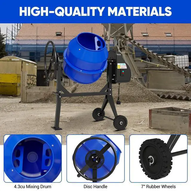 Alt view image 4 of 6 - Electric Cement Mixer, 4.3 Cu.Ft. 450W 3/5HP Portable Concrete Mixer Machine with Wheels & Stand Steel for Stucco, Mortar, Feed Mixing, Ideal for Construction & Farm Use, Blue