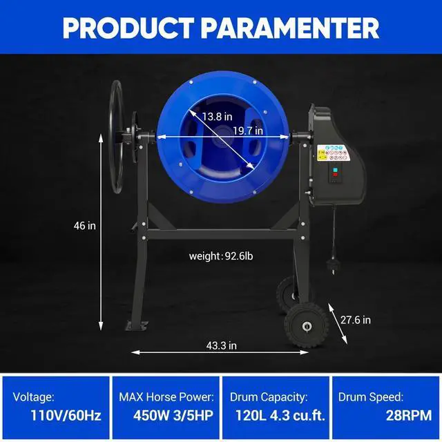 Alt view image 6 of 6 - Electric Cement Mixer, 4.3 Cu.Ft. 450W 3/5HP Portable Concrete Mixer Machine with Wheels & Stand Steel for Stucco, Mortar, Feed Mixing, Ideal for Construction & Farm Use, Blue