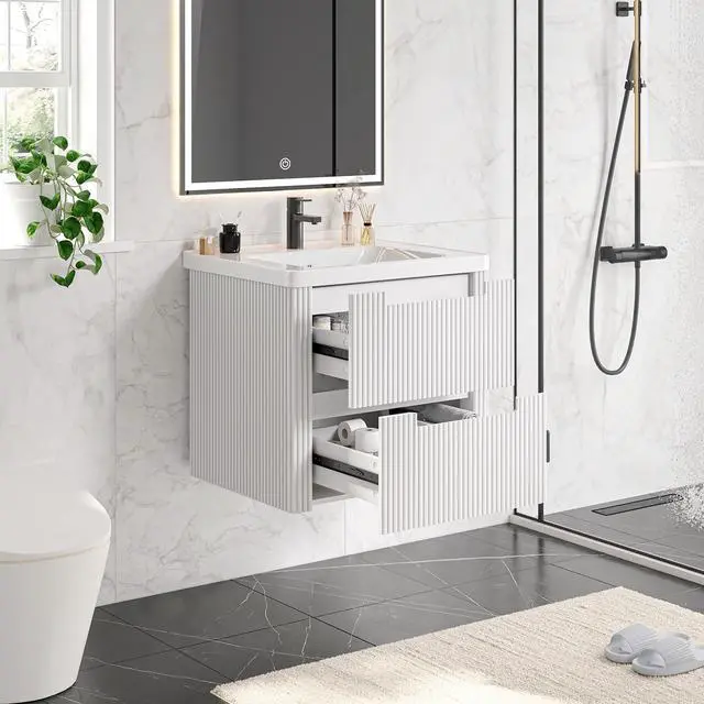 Main image of Modern Bathroom Vanity with Sink Combo, Curved Floating Bath Vanity with 2 Drawers, Wall Mount Bathroom Vanities with Integrated Ceramic Sink for Small Space, Apartment (White, 24")