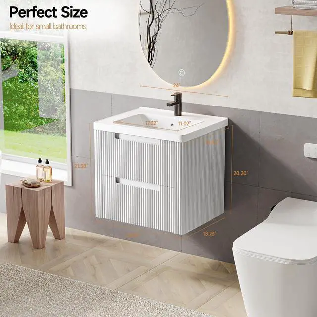 Alt view image 2 of 6 - Modern Bathroom Vanity with Sink Combo, Curved Floating Bath Vanity with 2 Drawers, Wall Mount Bathroom Vanities with Integrated Ceramic Sink for Small Space, Apartment (White, 24")
