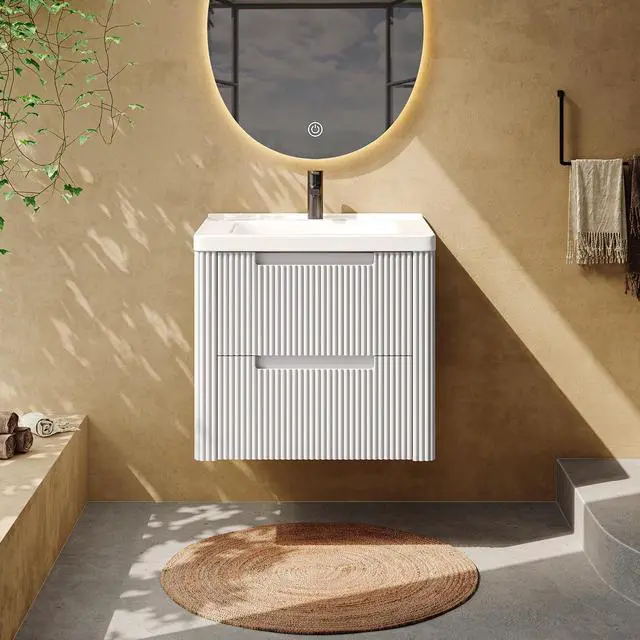 Alt view image 3 of 6 - Modern Bathroom Vanity with Sink Combo, Curved Floating Bath Vanity with 2 Drawers, Wall Mount Bathroom Vanities with Integrated Ceramic Sink for Small Space, Apartment (White, 24")