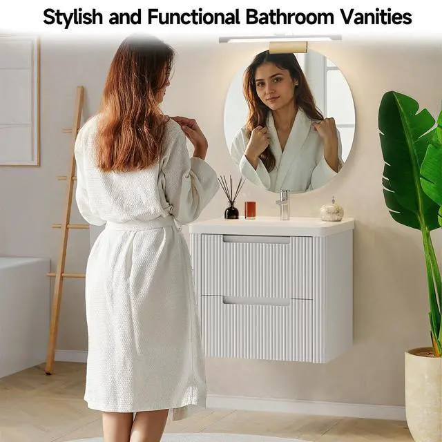Alt view image 4 of 6 - Modern Bathroom Vanity with Sink Combo, Curved Floating Bath Vanity with 2 Drawers, Wall Mount Bathroom Vanities with Integrated Ceramic Sink for Small Space, Apartment (White, 24")