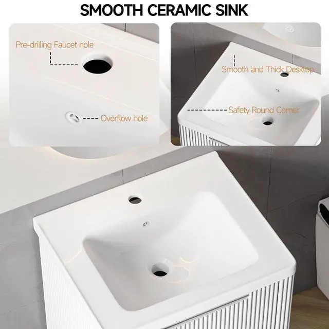 Alt view image 5 of 6 - Modern Bathroom Vanity with Sink Combo, Curved Floating Bath Vanity with 2 Drawers, Wall Mount Bathroom Vanities with Integrated Ceramic Sink for Small Space, Apartment (White, 24")