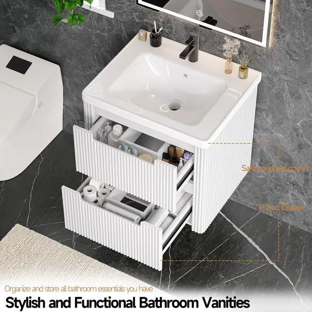 Alt view image 6 of 6 - Modern Bathroom Vanity with Sink Combo, Curved Floating Bath Vanity with 2 Drawers, Wall Mount Bathroom Vanities with Integrated Ceramic Sink for Small Space, Apartment (White, 24")