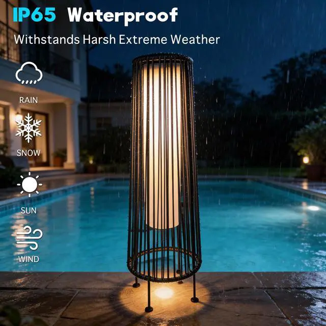 Alt view image 2 of 6 - Outdoor Floor Solar Light 2-Pack, Wicker Solar Patio Lamp Waterproof Outside Deck Lamp for Porch, Yard, Garden, Lawn Decorations - Gray, Gordes 2 PCS