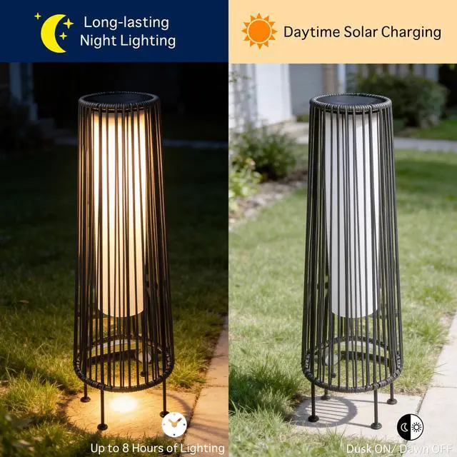 Alt view image 4 of 6 - Outdoor Floor Solar Light 2-Pack, Wicker Solar Patio Lamp Waterproof Outside Deck Lamp for Porch, Yard, Garden, Lawn Decorations - Gray, Gordes 2 PCS