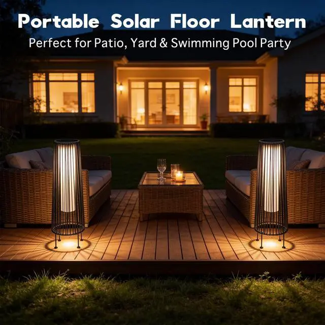 Alt view image 6 of 6 - Outdoor Floor Solar Light 2-Pack, Wicker Solar Patio Lamp Waterproof Outside Deck Lamp for Porch, Yard, Garden, Lawn Decorations - Gray, Gordes 2 PCS