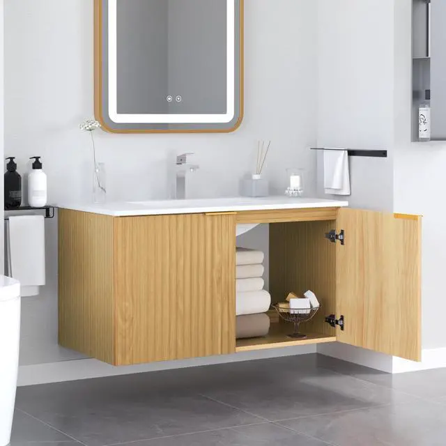 Alt view image 2 of 5 - Modern Bathroom Vanity Without Sink, Floating Wall Mount Cabinet with Wavy Textured Doors, Waterproof Storage for Small Bathroom, Soft-Close Design, Nature Wood (Nature Without Sink, 36")