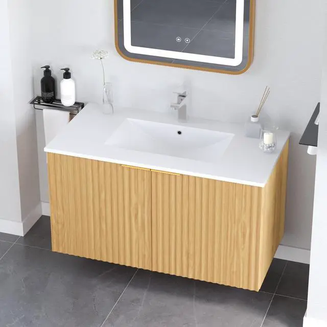 Alt view image 5 of 5 - Modern Bathroom Vanity Without Sink, Floating Wall Mount Cabinet with Wavy Textured Doors, Waterproof Storage for Small Bathroom, Soft-Close Design, Nature Wood (Nature Without Sink, 36")