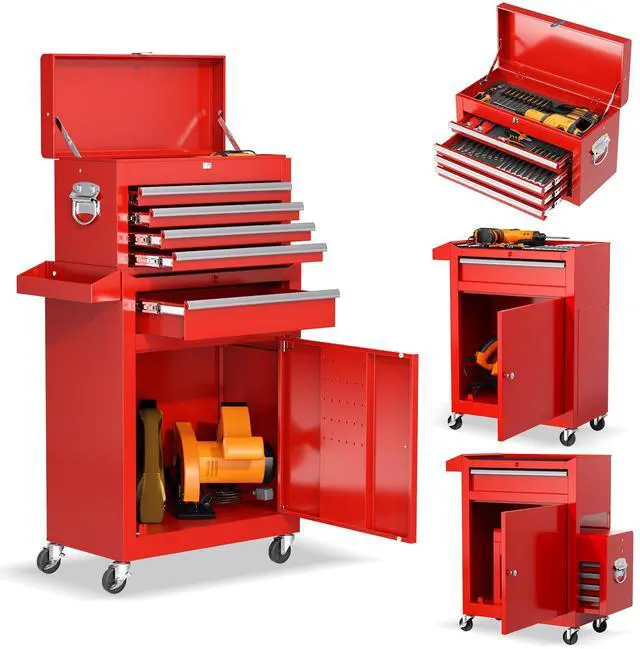 Main image of 5-Drawer Rolling Tool Chest - Heavy-Duty Steel Tool Cabinet with Detachable Top Box, Locking Wheels & Security System for Garage/Workshop, 2-in-1 Design (Red)