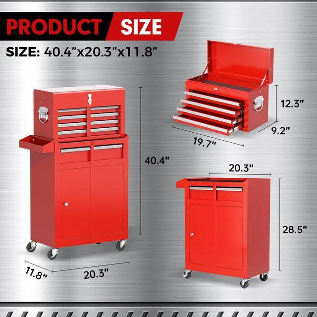 Alt view image 3 of 6 - 5-Drawer Rolling Tool Chest - Heavy-Duty Steel Tool Cabinet with Detachable Top Box, Locking Wheels & Security System for Garage/Workshop, 2-in-1 Design (Red)