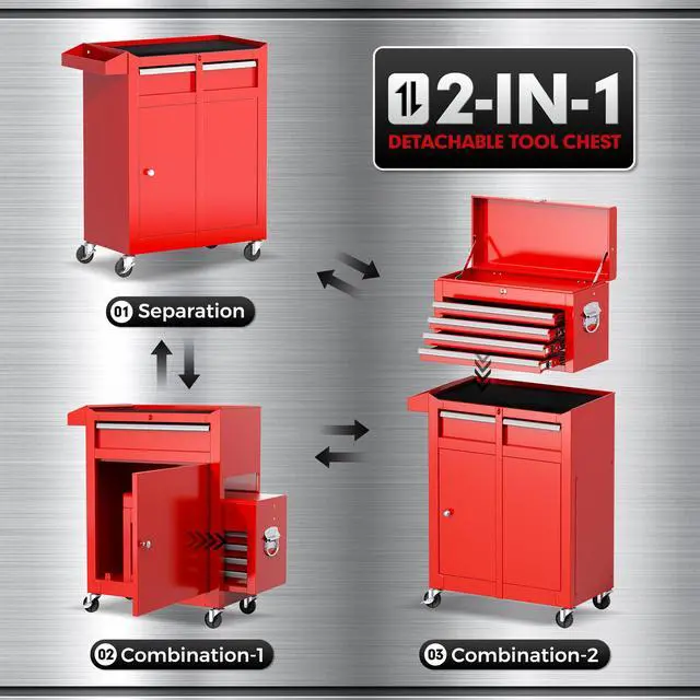 Alt view image 5 of 6 - 5-Drawer Rolling Tool Chest - Heavy-Duty Steel Tool Cabinet with Detachable Top Box, Locking Wheels & Security System for Garage/Workshop, 2-in-1 Design (Red)