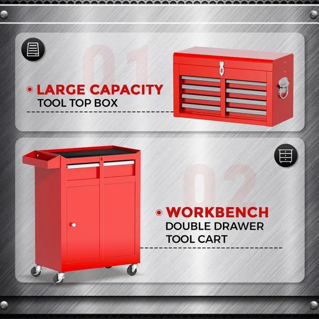 Alt view image 6 of 6 - 5-Drawer Rolling Tool Chest - Heavy-Duty Steel Tool Cabinet with Detachable Top Box, Locking Wheels & Security System for Garage/Workshop, 2-in-1 Design (Red)