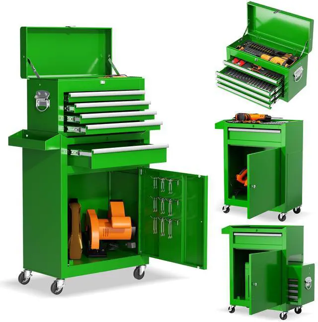 Main image of 5-Drawer Rolling Tool Chest - Heavy-Duty Steel Tool Cabinet with Detachable Top Box, Locking Wheels & Security System for Garage/Workshop, 2-in-1 Design (Green)