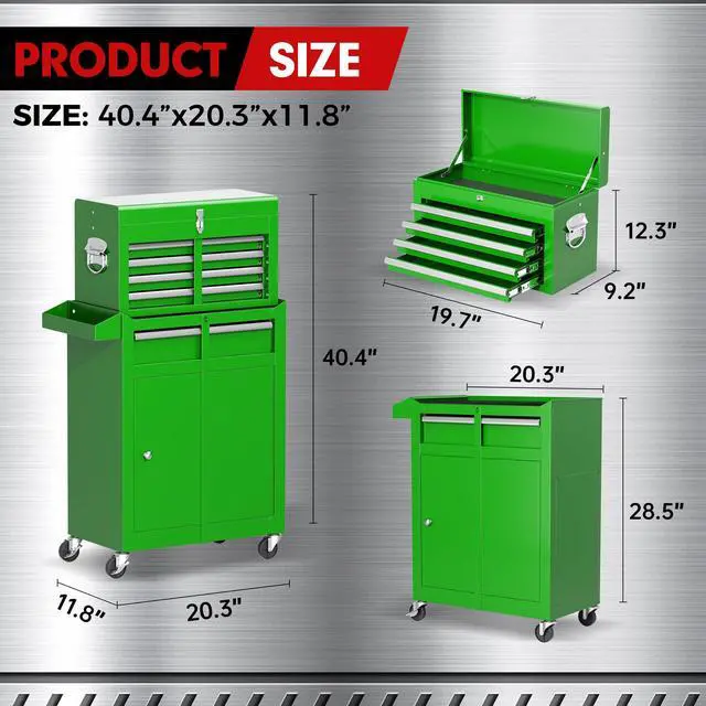 Alt view image 3 of 4 - 5-Drawer Rolling Tool Chest - Heavy-Duty Steel Tool Cabinet with Detachable Top Box, Locking Wheels & Security System for Garage/Workshop, 2-in-1 Design (Green)