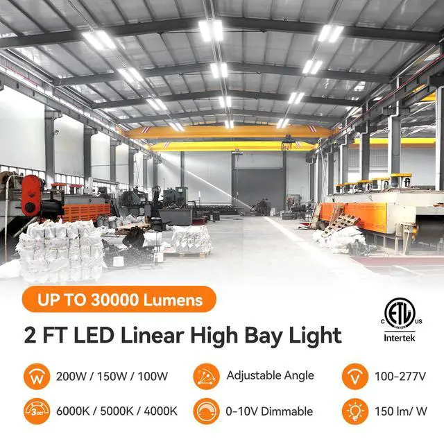 Alt view image 2 of 6 - 2FT Linear High Bay Shop Lights 4-Pack, 30000lm, 200W/150W/100W & 6000K/5000K/4000K Selectable, 0-10V dimmable, Adjustable Tilt Hanging Light Fixture for Warehouse, Workshop, 100-277V, ETL